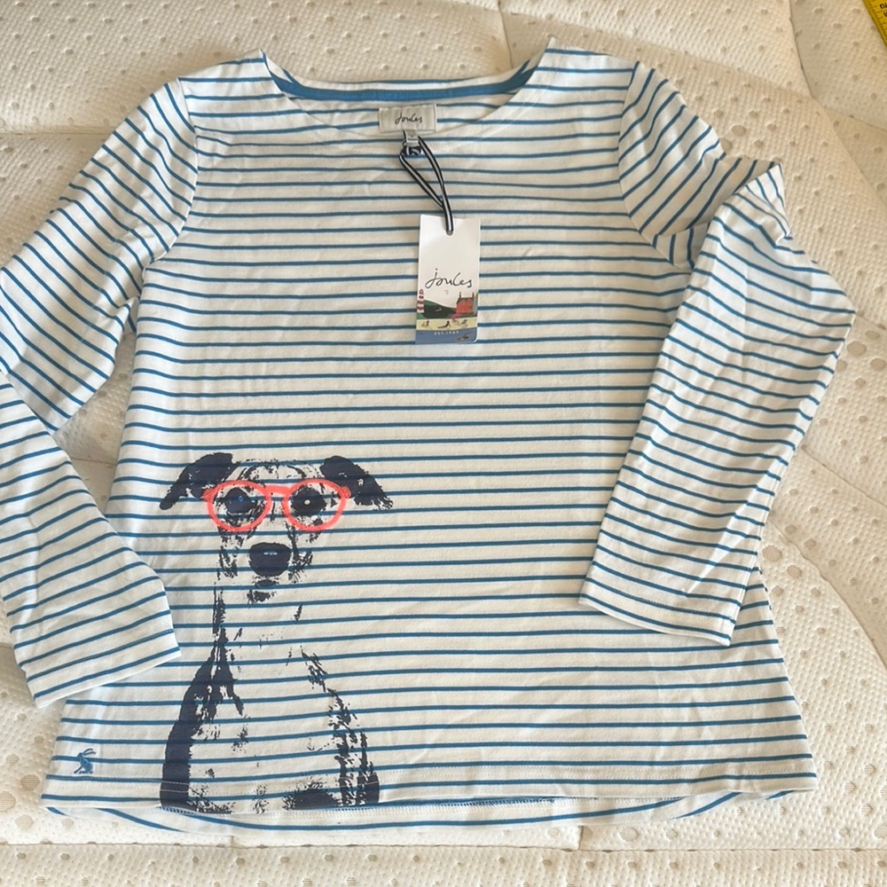 Joules Blue Striped Shirt with Whippet with Glasses Dog Design size BNWT